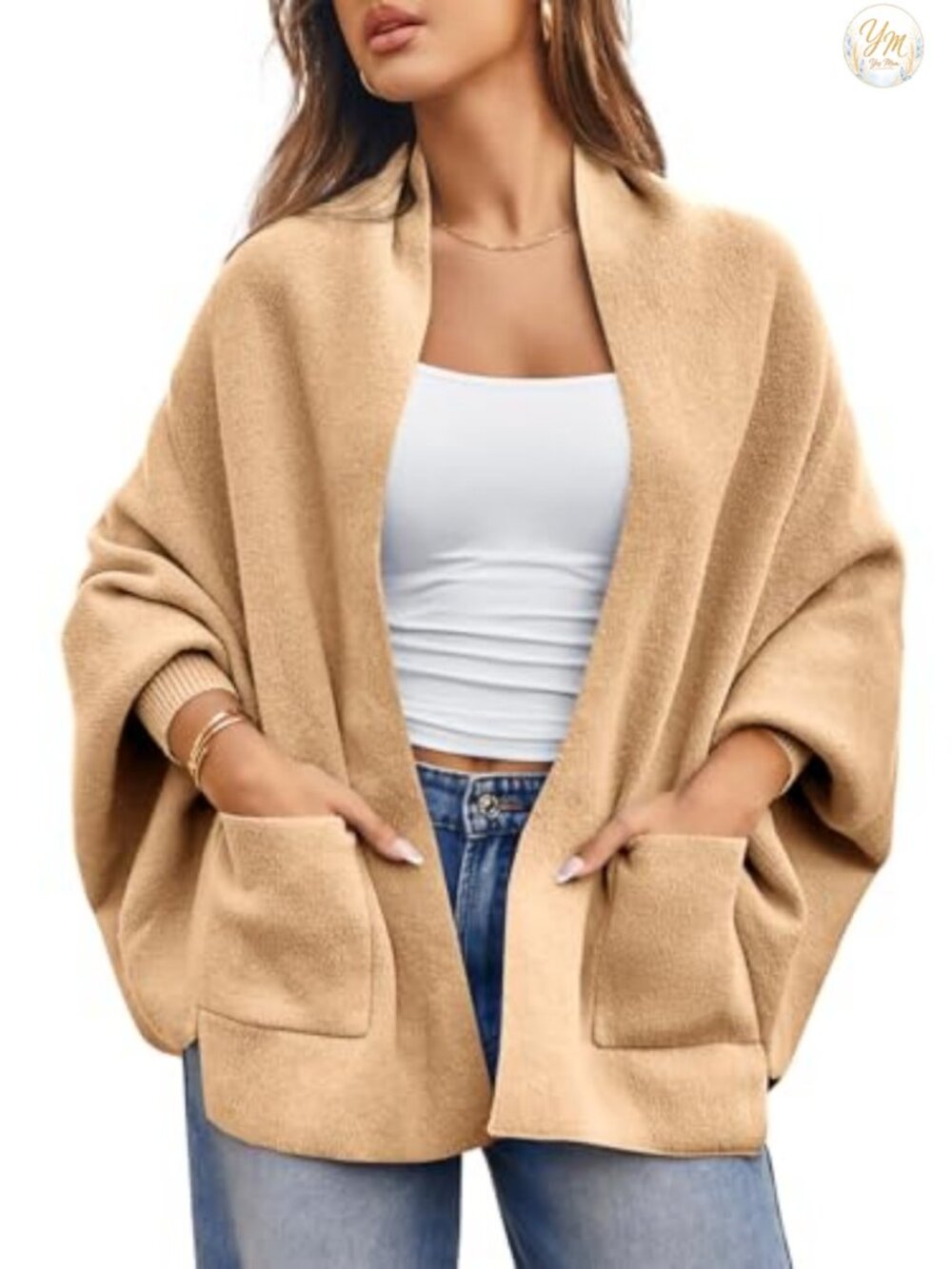 100% Polyester Open Front Batwing Long Sleeve Chunky Knit Poncho Cardigan